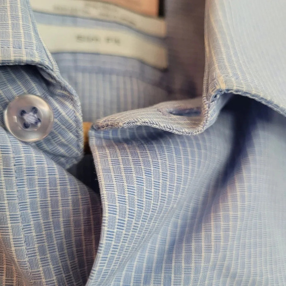 Thomas Mens Button-Up Shirt 15.5 Blue Cotton Striped Slim Fit Long Sleeves - Picture 4 of 7